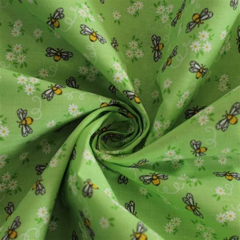 Light Green And Busy Bees With Flowers Polycotton Printed Fabric