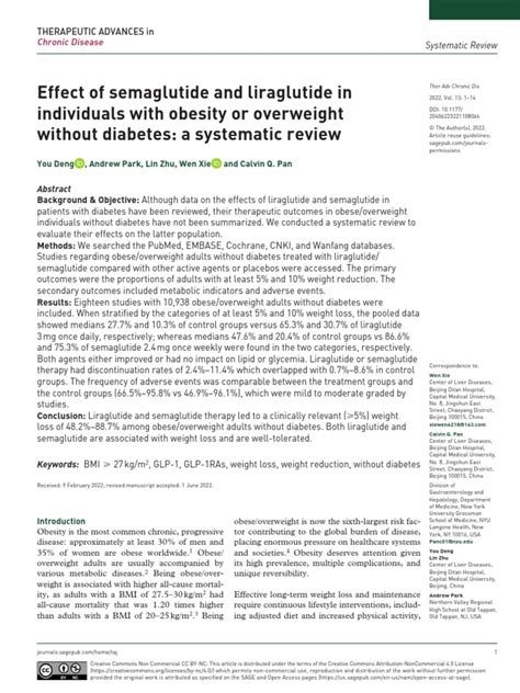 Effect Of Semaglutide And Liraglutide In Individuals With Obesity Or Overweight Without Diabetes