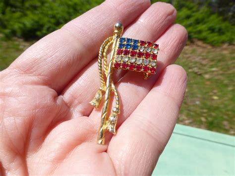 Antique Art Deco American Flag Rhinestone Gold Filled Brooch Etsy