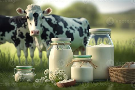 dairy milk products on the background of a green meadow with cows ...