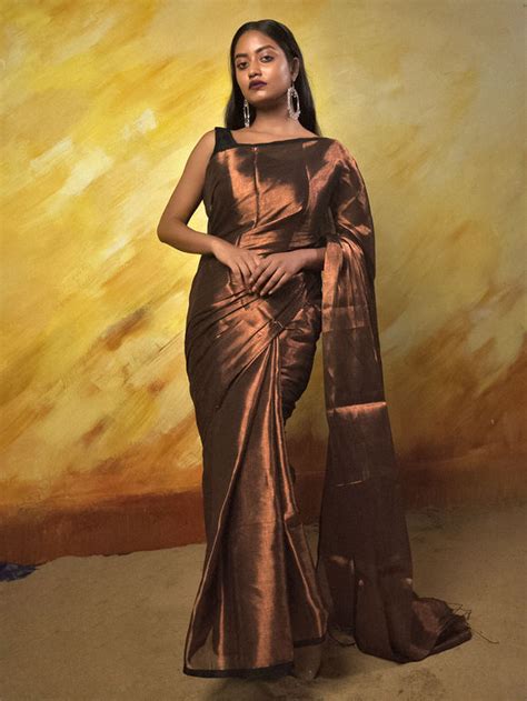 Buy Copper Silver Zari Cotton Tissue Saree Hltm Hlo The Loom