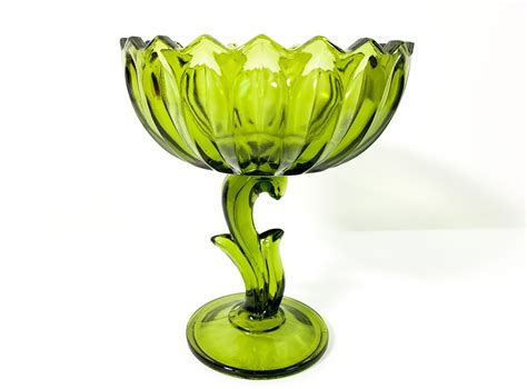 Vintage Green Glass Compote Pedestal Bowl W Curved Leaf Shaped Stem