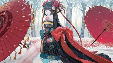 Girl Manga Umbrella Kimono Parasol Iarna Winter Red Bow Anime