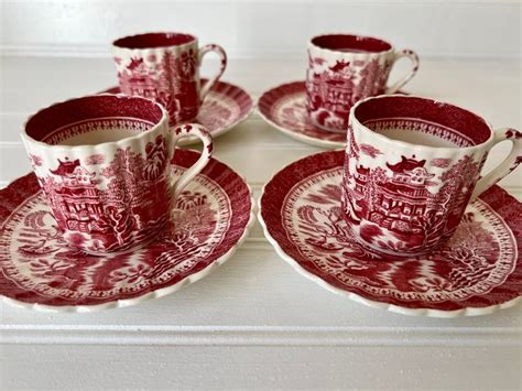 Vintage Red White Copeland Spode Mandarin Pink Set Of Four Demitasse