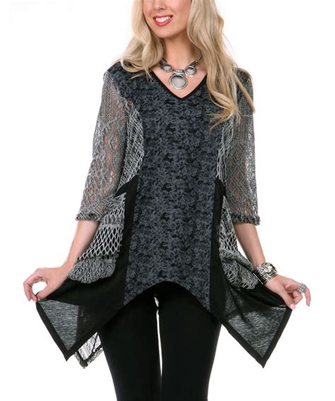 Black Gray Crocheted Floral V Neck Sidetail Tunic Zulily Women