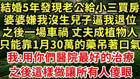 結婚5年發現老公給小三買房，婆婆嫌我沒生兒子逼我退位，之後一場車禍 丈夫成植物人，只能1月30萬的藥吊口氣，我 用你們醫院最好的治療！之後這樣做讓所有人傻眼 王姐故事說 為人處世 養老 中年