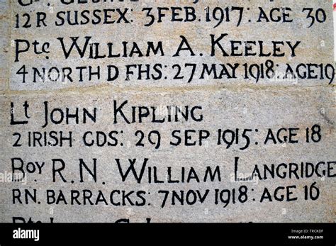 The Name Of Lt John Kipling Son Of Rudyard Kipling On The War Memorial In The East Sussex