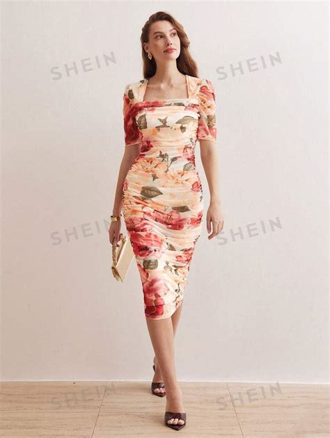 Motf Premium Floral Print Square Neck Ruched Dress Shein Usa