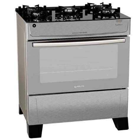 Fogão Atlas 5 Bocas Inox Mônaco Top Glass Forno Espelhado Mesa De Vidro