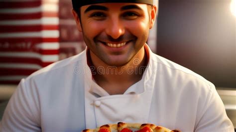 Attractive Happy Chef Holding Hot Pizza In His Hands Stock Video