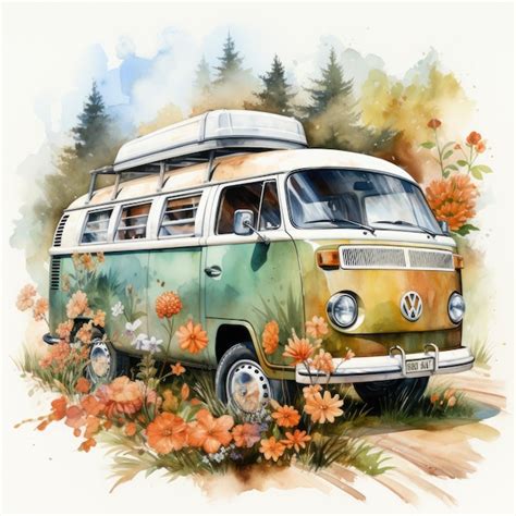 Watercolor Flower Market On Camper Van Clipart Generative Ai Premium