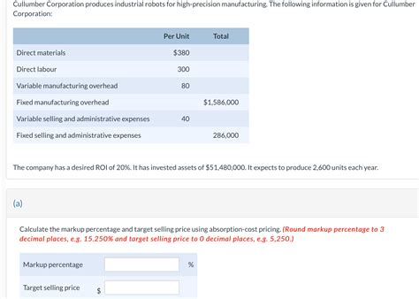 Solved Cullumber Corporation Produces Industrial Robots For Chegg