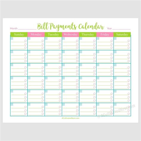 Free Printable Monthly Bill Calendar