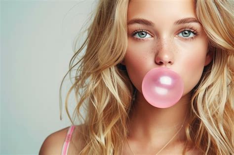 Premium Photo Blonde Woman Blowing Pink Bubble Gum