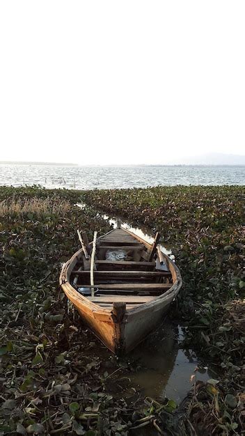 Premium Photo Boat Moored At Sea Shore Against Clear Sky