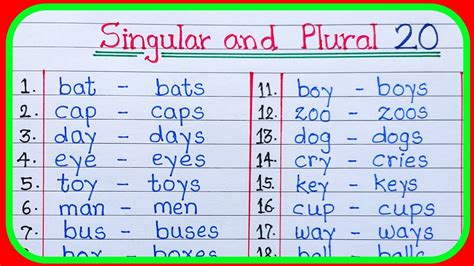 20 Singular And Plural Nouns Singular Plural Singular And Plural