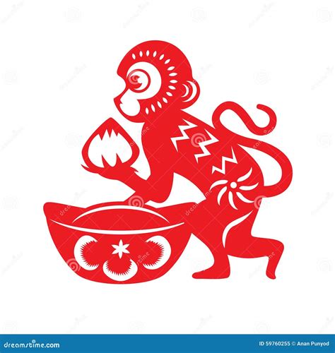 Red Paper Cut Monkey Zodiac Symbol (monkey Holding Peach And Chinese ...