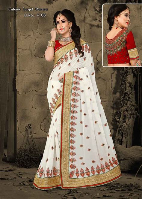 Exclusive White Color Catonic Georgette Panetar Saree Model Pakaian