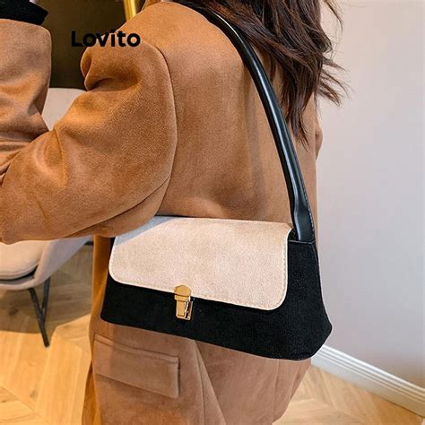 Lovito Women Casual Plain Colorblock Retro Simple Splicing Baguette Bag