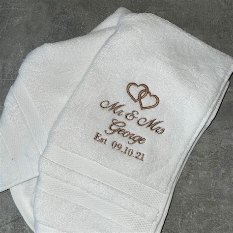 Personalised Embroidered Wedding Towels Anniversary Bride Etsy Uk