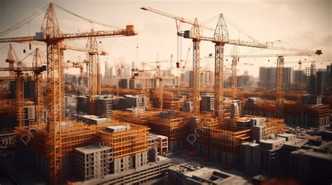 Construction Cranes Working At A Construction Site Background D