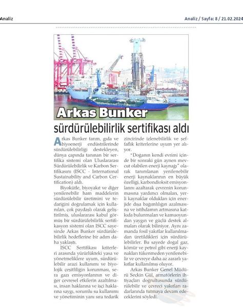 Arkas Bunker sürdürülebilirlik sertifikası aldı Medya Arkas Haber