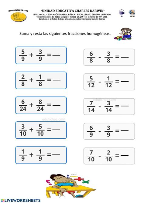 Ficha Online De Suma Y Resta De Fracciones Para Sexto De Primaria The