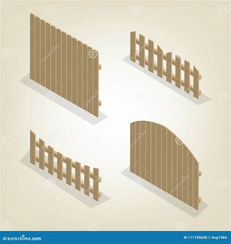 Set Of Isometric Spans Wooden Fences Vector Illustration