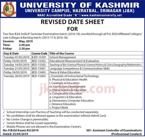 University Of Kashmir Revised Date Sheet B Ed Semester Exam JKAlerts