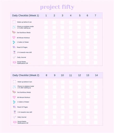 Project 50 Challenge Daily Checklist Tracker Cute Aesthetic Etsy