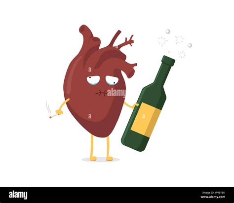 Sad Unhealthy Sick Cartoon Heart Character With Alcohol Bottle And