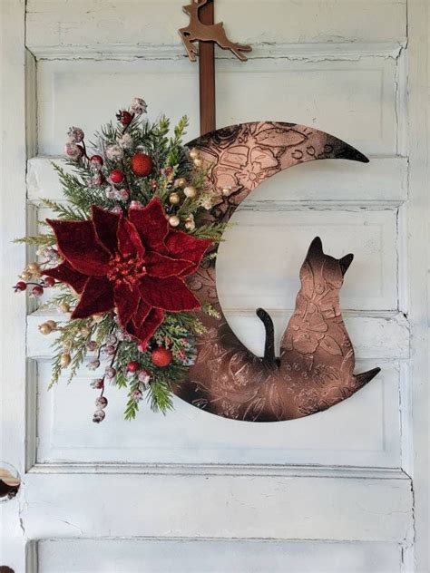 Winter Crescent Moon Christmas Cat Poinsettia Wreath Witchy Etsy