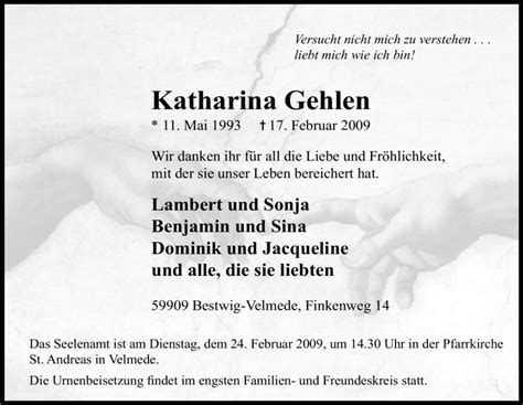 Traueranzeigen Von Katharina Gehlen Trauer In Nrwde