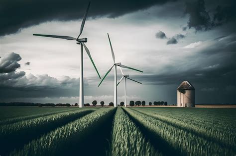 Turbinas eólicas em um campo um silo ao fundo Foto Premium