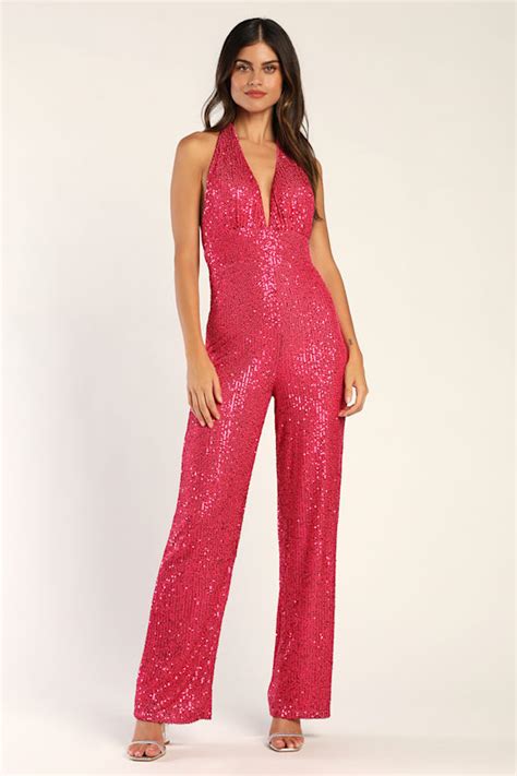 Lulus Star Potential Shiny Hot Pink Sequin Halter Jumpsuit ModeSens