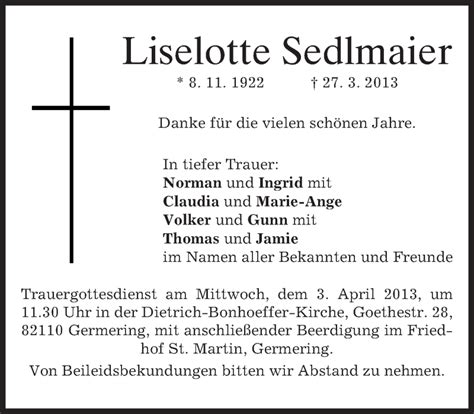 Traueranzeigen Von Liselotte Sedlmaier Trauer Merkur De