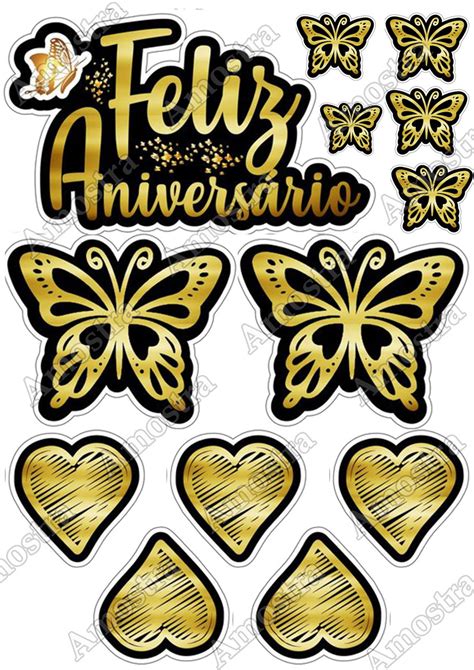 Topper Bolo Feliz Anivers Rio Preto Dourado Arte Digital