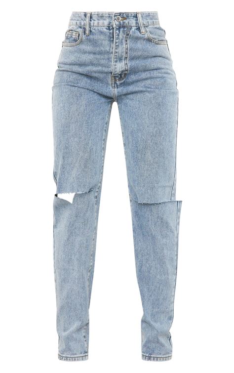 Blue Wash Slash Knee Straight Leg Jean Prettylittlething Usa