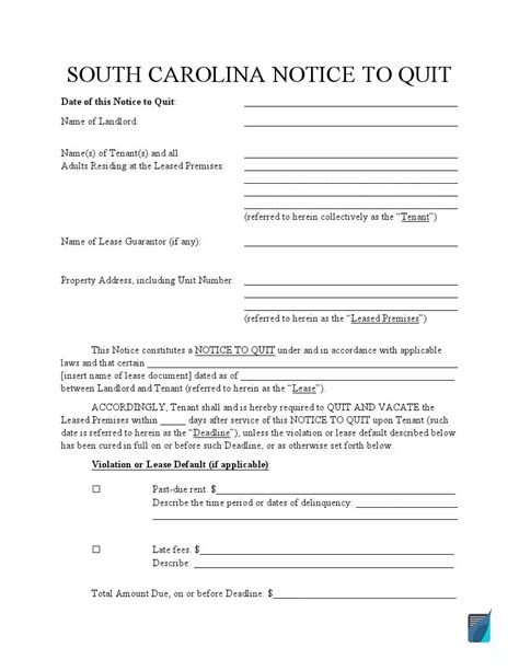 Free South Carolina Eviction Notice Forms SC Notice To Quit FormsPal