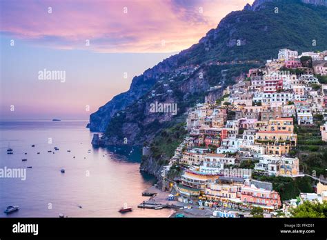 Positano At Sunset Amalfi Coast Campania Italy Stock Photo Alamy