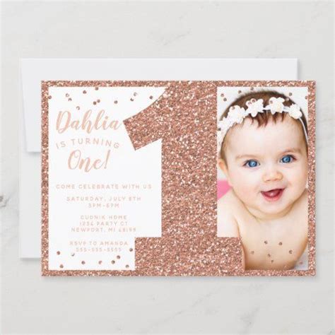 Rose Gold First Birthday Invitation Faux Glitter First Birthday