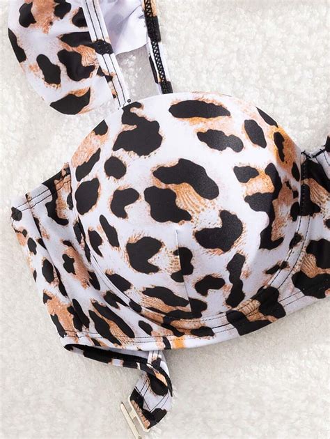 Women Leopard Print Cap Sleeve Sexy Bikini Separate Swimsuit With Push