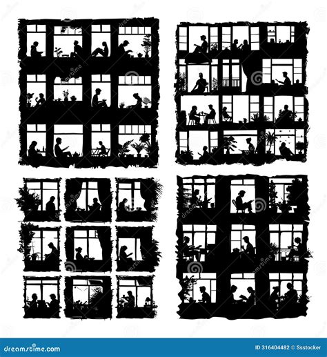 Windows Neighbors Black Silhouettes Vector Set. People Males Females