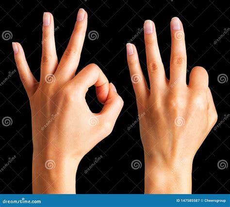 Woman Hands Holding Gesture of Okay and Showing Three Fingers Stock ...