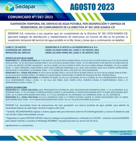 Corte de Agua en Arequipa Cuándo volverá el servicio a los distritos