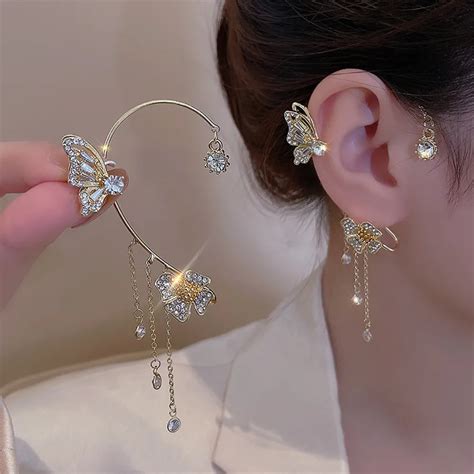 Shiny Zircon Butterfly Ear Cuff Gold Color Tassel Clip On Earrings For