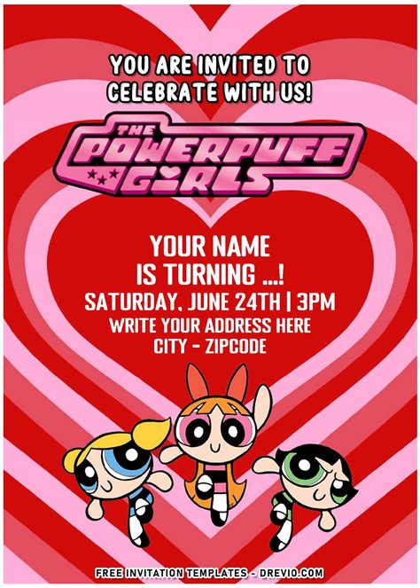 Free Editable PDF Expanding Pink Heart Powerpuff Girls Invitation