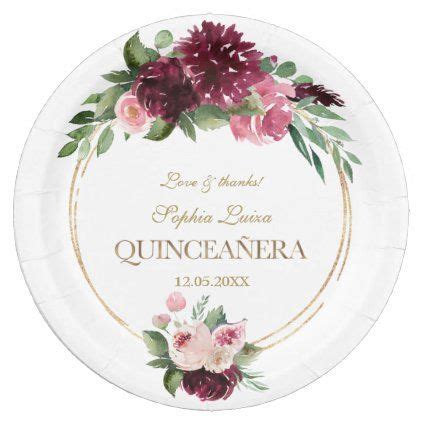 Burgundy Blush Floral Gold Mis Quince Quincea Era Paper Plate