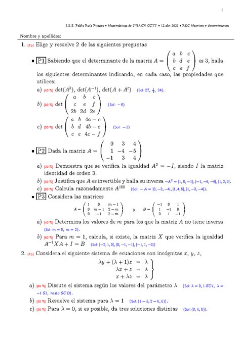 Soluciones recuperacion matrices I E Pablo Ru ız Picasso Matem