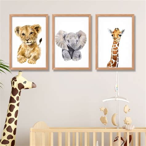 kit 3 quadros safari leao elefante decoração de quarto bebe